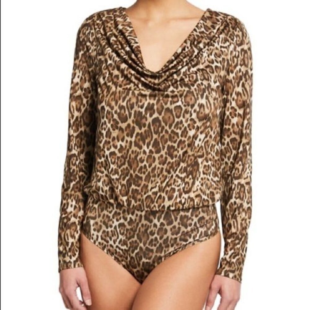 NWT WAYF Bodysuit Solano Ruched Cowl Neck Leopard Animal Print Size XS